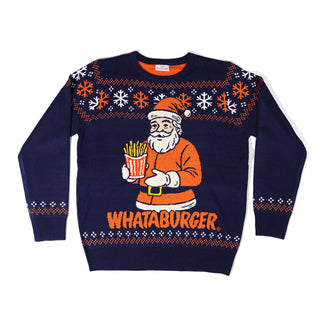 Navy blue knit sweater with Santa Claus holding fries and 'Whataburger' logo on a white background