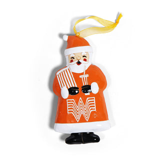 Decorative Santa Claus ornament with a yellow ribbon on a white background