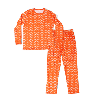 Orange adult pajama set with white Whataburger pattern on a white background
