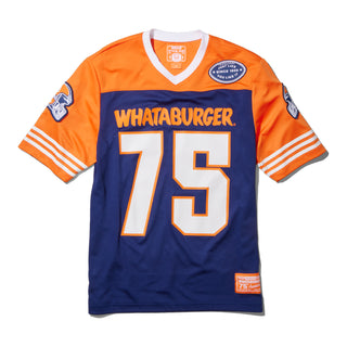 Orange and blue sports jersey with 'Whataburger' and number '75'
