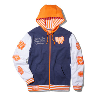 Navy, orange, and white hoodie with branding on a white background