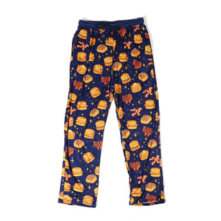 Navy blue pajama pants with Whataburger breakfast pattern on a white background