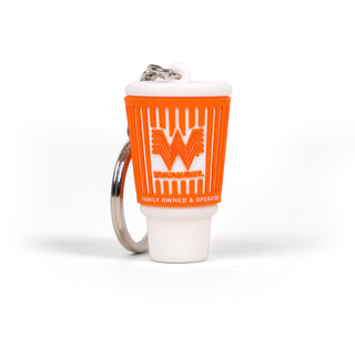 Whataburger Cup Replica Keychain standing upright with the Whataburger logo in the center.