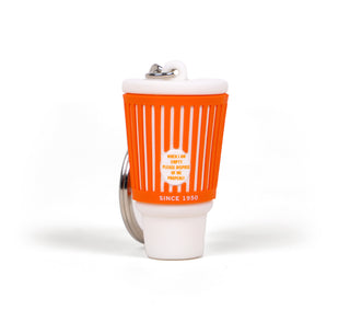 Whataburger Cup Replica Keychain from behind standing upright.