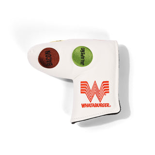 White blade putter cover with 'Bacon' and 'Jalapeno' day dots and Whataburger logo on a white background