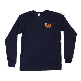 Navy long-sleeve shirt with a logo on the chest against a white background