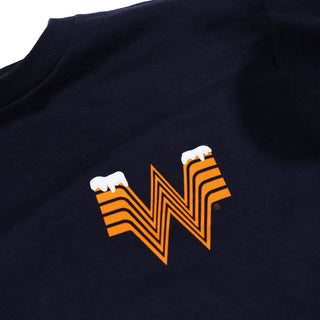 Navy blue t-shirt with orange and white logo on a plain background