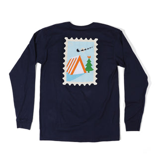 Navy blue long-sleeve shirt with graphic of a Whataburger a-frame, tree, and Santa Claus on a white background
