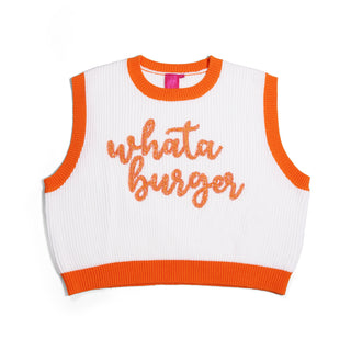 White sleeveless sweater vest with orange trim and 'Whataburger' script text on a white background