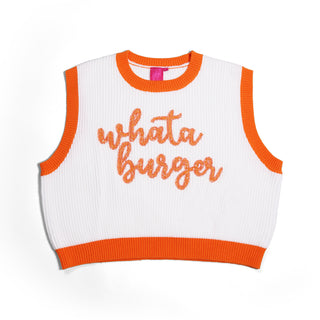 White sleeveless sweater vest with orange trim and 'Whataburger' script text on a white background
