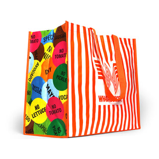 Colorful reusable grocery bag with Whataburger logo and a striped design on a white background