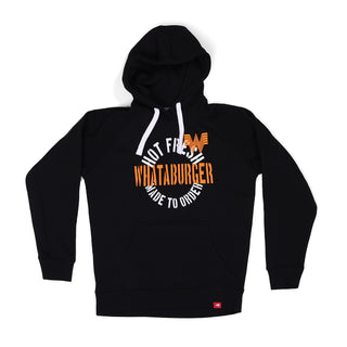 Black hoodie with orange and white text on a white background