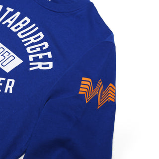 Blue sweatshirt with white text and orange logo on a white background