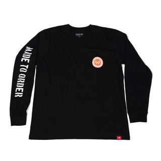 Black long-sleeve shirt with text and logo on a white background