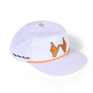 White cap with orange accents and a hand gesture design on a white background