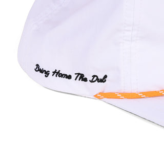 White cap with black text 'Bring Home The Dub' and orange interior on a white background