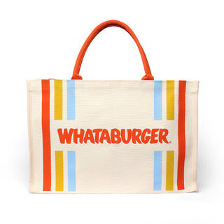 Tote bag with 'Whataburger' logo and colorful stripes on a white background