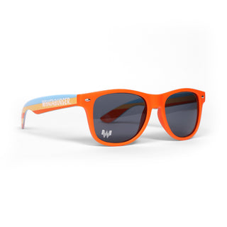 Orange sunglasses with a blue and white strap on a white background