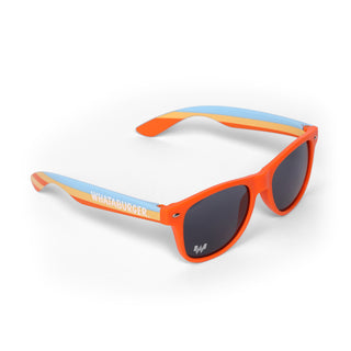 Orange and blue sunglasses with 'Whatagurger' branding on a white background