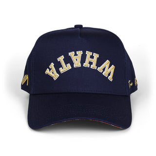 Navy blue cap with gold text on a white background