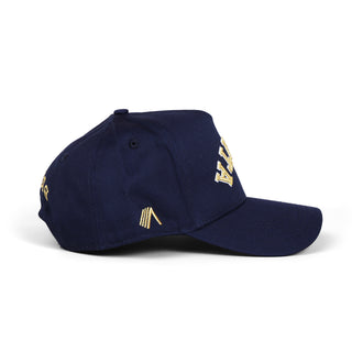 Navy blue cap with gold logo on a white background