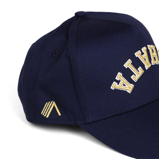 Navy blue cap with gold lettering and logo on a white background