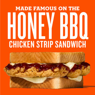 Honey BBQ chicken strip sandwich on an orange background with text.