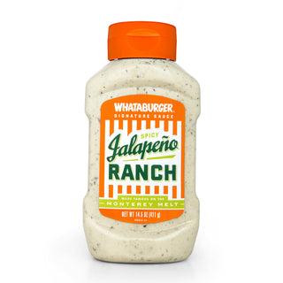 Bottle of Whataburger Spicy Jalapeno Ranch sauce on a white background