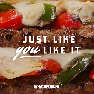 Close-up of a burger with text overlay and Whataburger logo