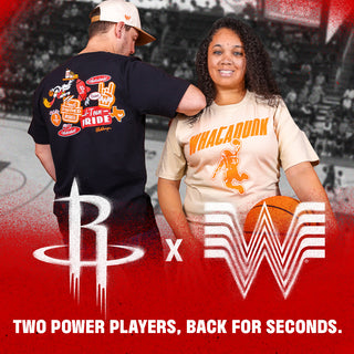 Promotional banner for Houston Rockets x Whataburger collaboration, featuring two models wearing branded shirts.