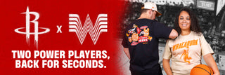 Promotional banner for Houston Rockets x Whataburger collaboration, featuring two models wearing branded shirts.
