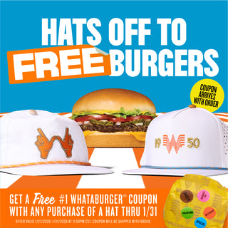 Promotional graphic for free burgers with Whataburger hats and a coupon offer.