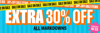 Promotional banner with 'Extra 30% Off All Markdowns' text on a blue background with sale text overlay.