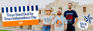 Three people standing in front of the Alamo with promotional text for Texas-sized deals on Independence Day.