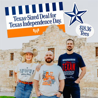 Three people standing in front of the Alamo with promotional text for Texas-sized deals on Independence Day.