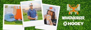 Promotional banner featuring Whataburger and Hooey with polaroids photos of man and woman wearing the collaborative merch sitting on turf grass.