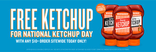Promotional banner for free ketchup offer with three bottles of ketchup on a blue background.