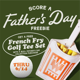 Promotional graphic for a Father's Day freebie offer with a golf ball and French fry holder on a green background.
