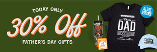 Promotional banner for Father's Day gifts with discounts, t-shirts, and a mug on a green background.