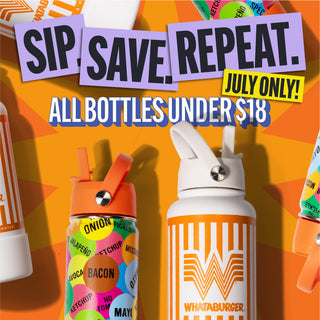 Promotional image of Whataburger water bottles with text about a sale event.