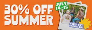 Promotional banner with large white text reading '30% OFF SUMMER' on an orange background, plus a stack of tilted photo cards showing people outdoors and sale text, plus a yellow sun graphic.