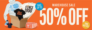 Promotional warehouse sale banner with large white text reading 'WAREHOUSE SALE 50% OFF' on an orange background, alongside a cardboard box containing white and black t-shirts, a blue hat, and other apparel items.