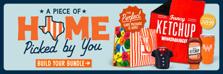 A promotional bundle graphic for Whataburger branded items, featuring a large orange-and-white striped bag, a matching tumbler, a bottle of ketchup, a small shirt, with bold text reading 'A PIECE OF HOME PICKED BY YOU' and 'BUILD YOUR BUNDLE'.