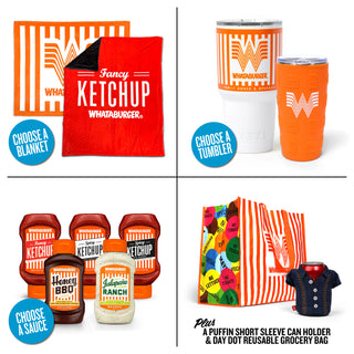 Piece of Home Bundle Product Options On-White Background. Choose a blanket, choose a tumbler, choose a sauce, plus a Puffin Short Sleeve Can Holder and Day Dot Reusable Grocery Bag