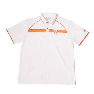 White golf polo with orange Flying W Whataburger logo on white background.