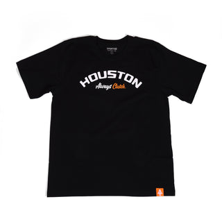 Black t-shirt with 'Houston Always Clutch' text on a white background