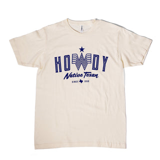 Cream colored t-shirt with 'HOWDY: Native Texan Since 1950' text on a white background