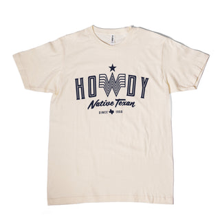 Beige t-shirt with 'Howdy Native Texan' text and star design on a white background