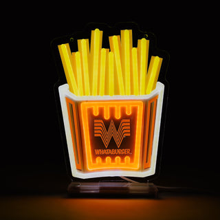 Illuminated French Fry Tabletop LED Sign on Dark Background