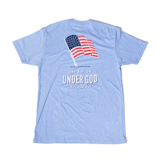 One Nation Light Blue Tee on white background
